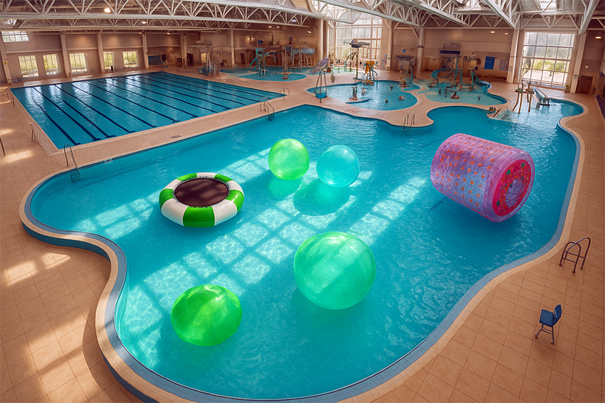 Walec wodny, kule wodne, trampolina wodna w aquaparku